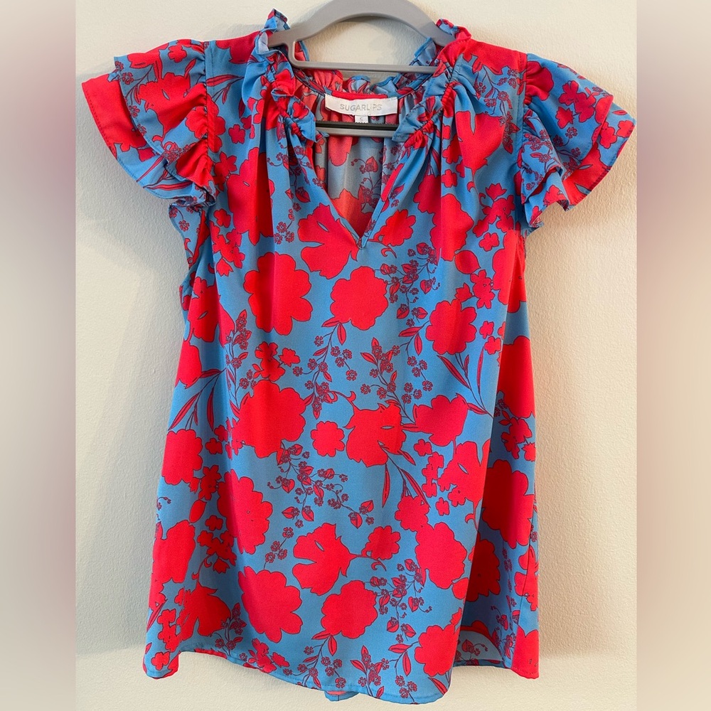 Sugarlips Blue and Pink Floral Ruffle Sleeve Blouse